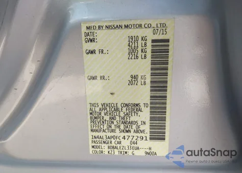 2015 Nissan Altima 2.5 S z USA, uszkodzony, nr VIN 1N4AL3AP0FC477291